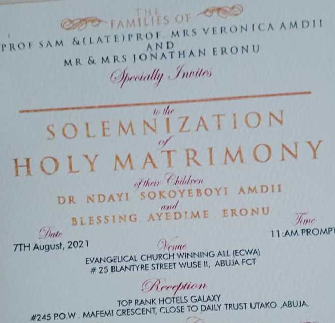 Prof Sam Amdi Oversees Son's Marriage in Abuja
